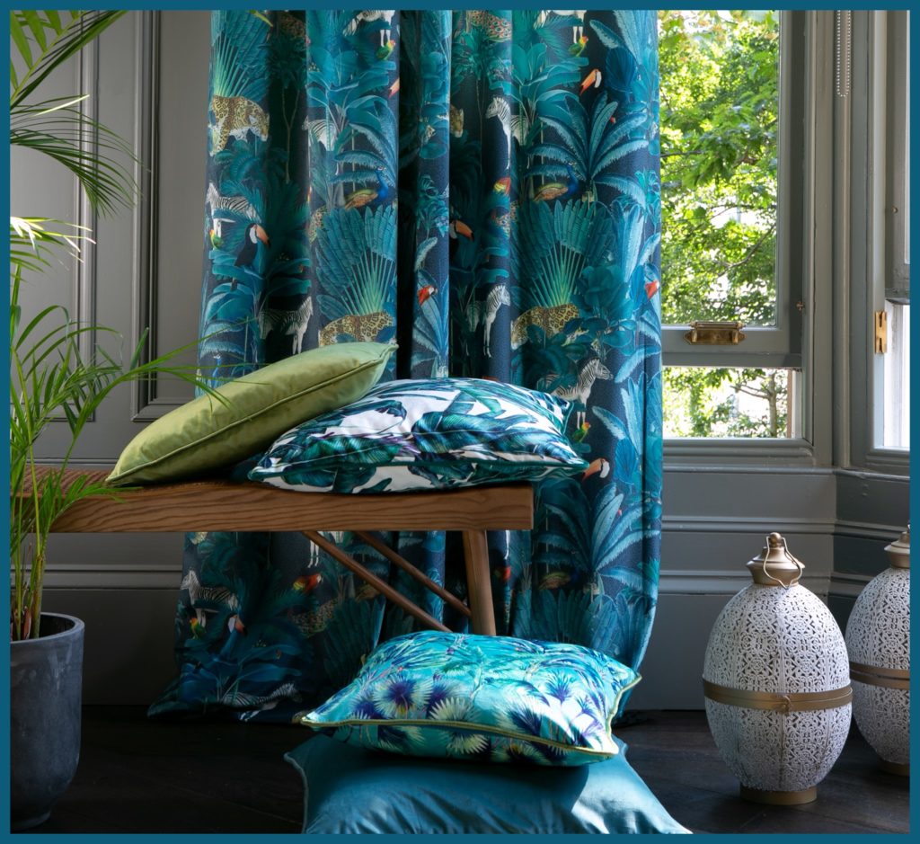 Curtains in Tropical Velvet Dark Blue