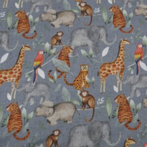 ANIMAL SAFARI GREY Cotton Linen Look Fabric