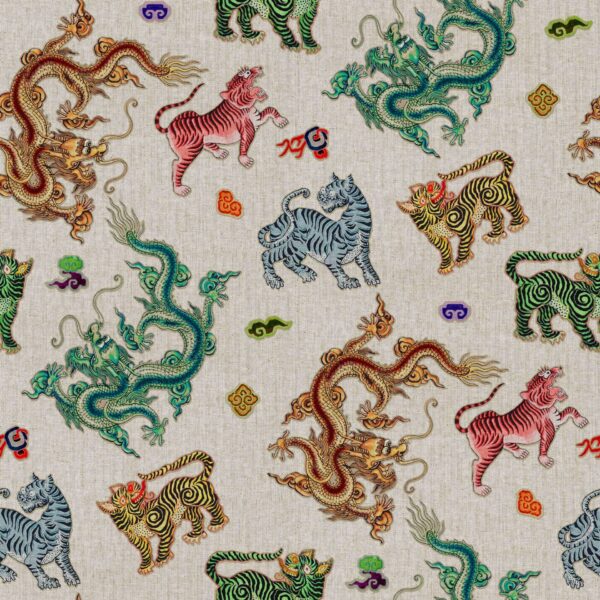 CHINESE DRAGONS & TIGERS Linen Look Cotton Rich Fabric