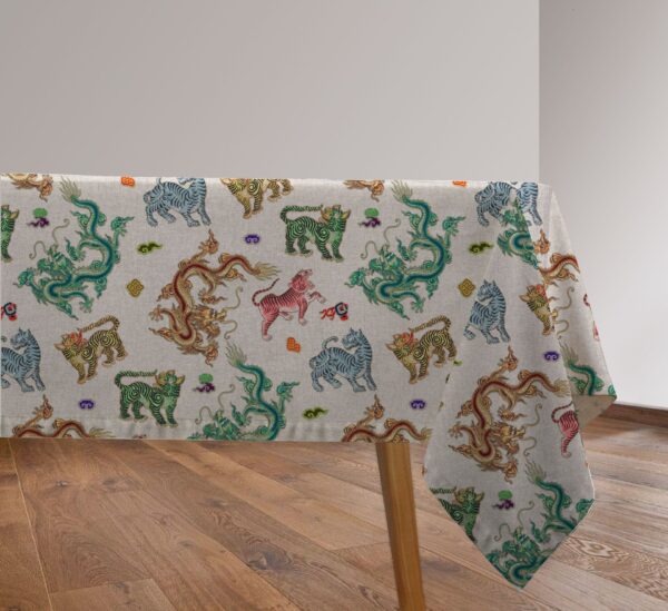 CHINESE DRAGONS & TIGERS Linen Look Cotton Rich Fabric