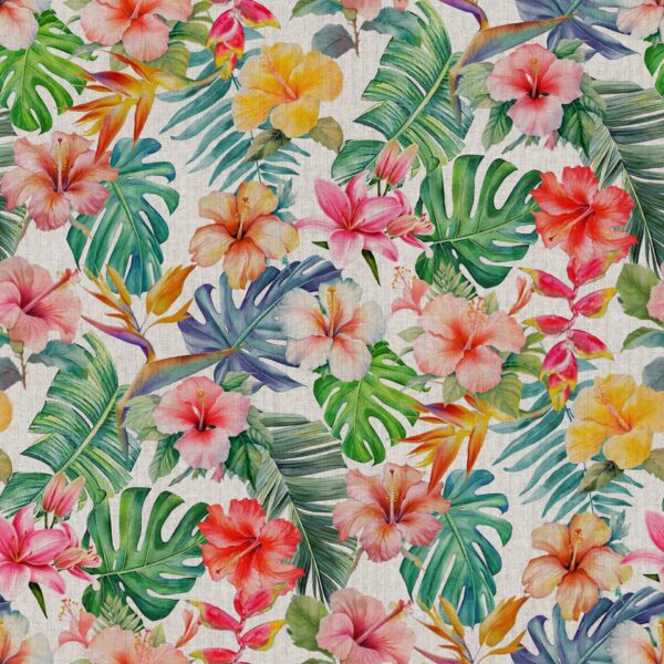 MONSTERA TROPICAL FLOWERS Linen Look Cotton Fabric