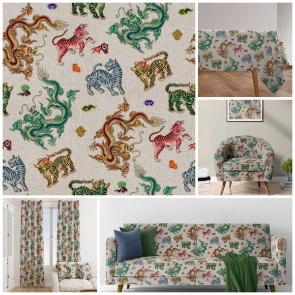 ORIENTAL DRAGONS & TIGERS Linen Look Cotton Rich Fabric